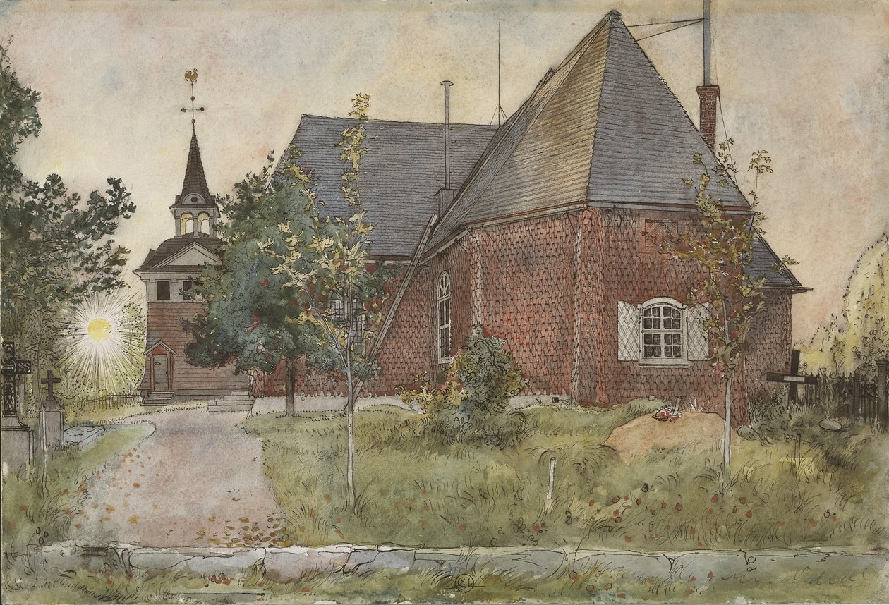 Eski Sundborn Kilisesi, A Home serisinden, c.1895 (kağıt üzerinde wc) by Carl Larsson