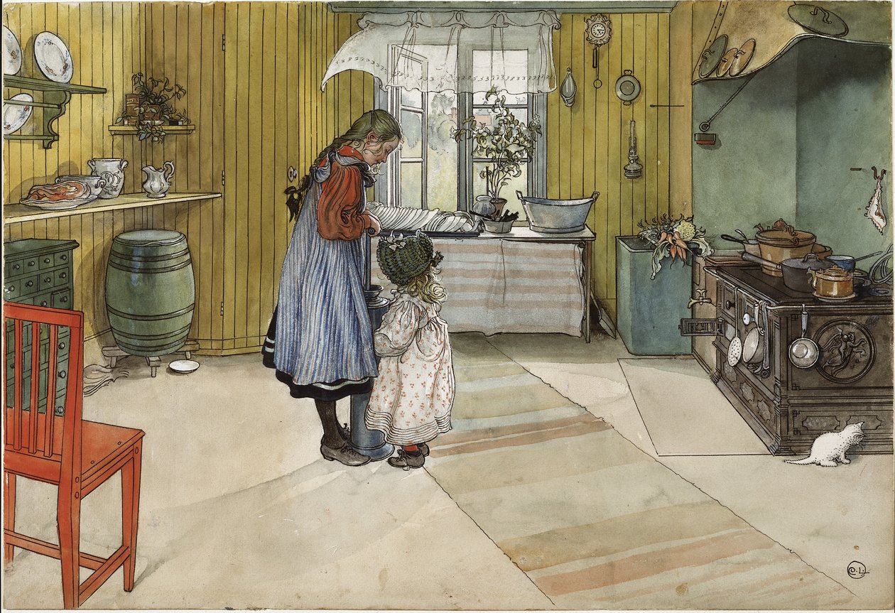 A Home serisinden The Kitchen, 1895 dolayları (kağıt üzerinde wc) by Carl Larsson