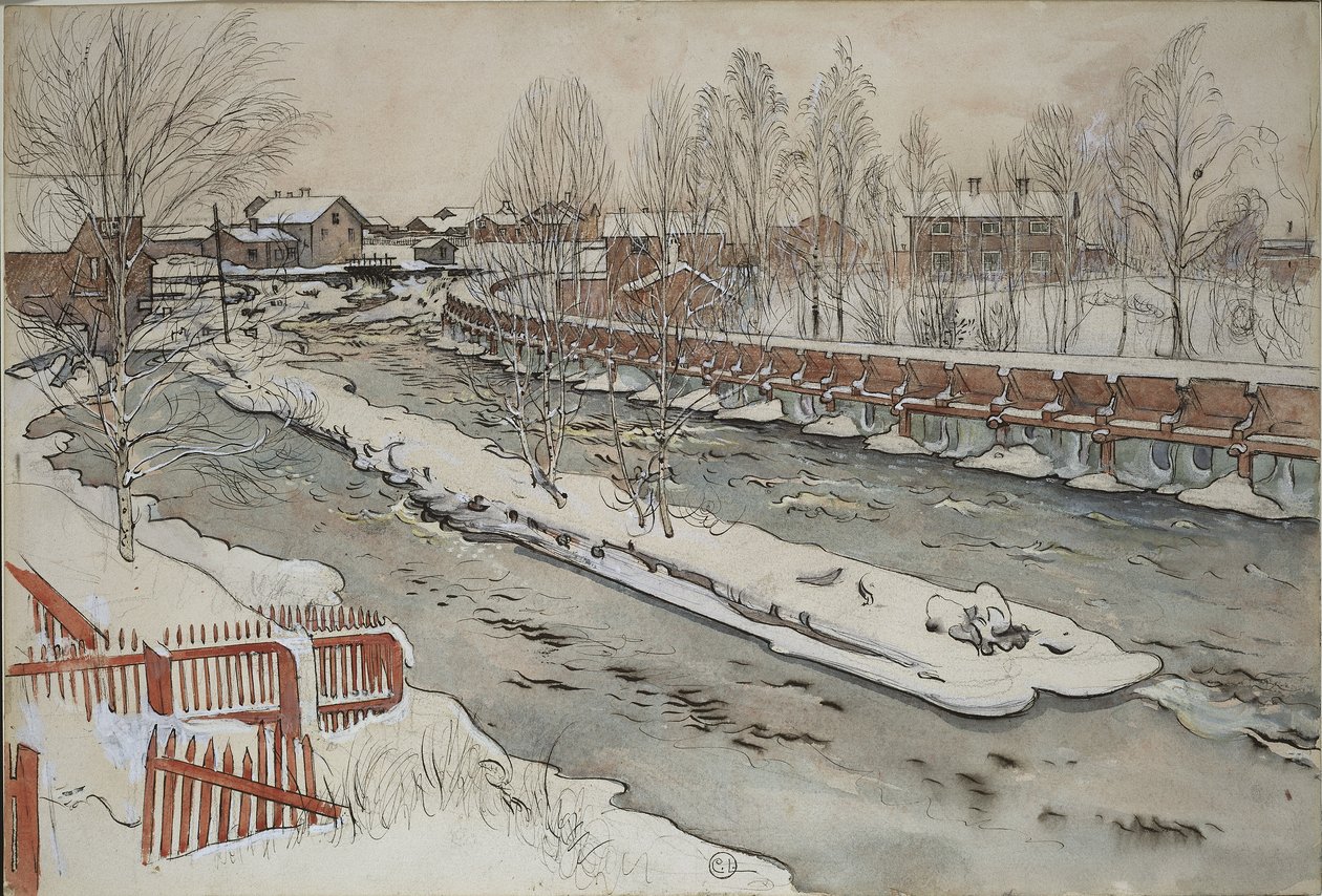 The Timber Chute, Winter Scene, A Home serisinden, c.1895 (kağıt üzerinde wc) by Carl Larsson
