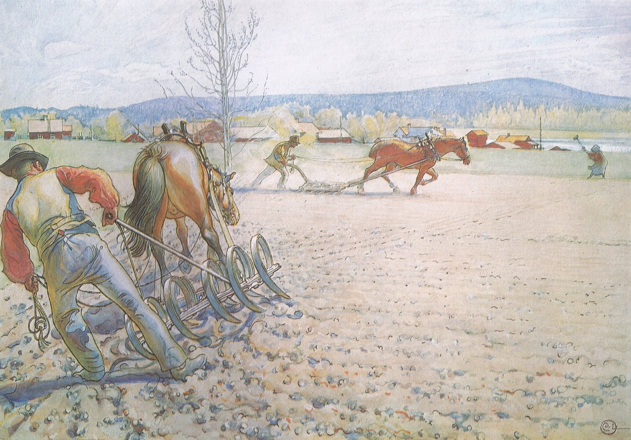 Tırmıklarıyla iki adam sistemli bir şekilde ileri geri çalıştılar. by Carl Larsson