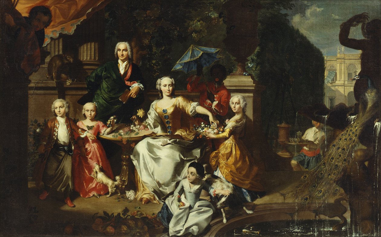 Bir Villanın Arazisindeki Terasta Bir Aile Grubu, muhtemelen George Jackson ve ailesi, 1737 by Carl Marcus Tuscher
