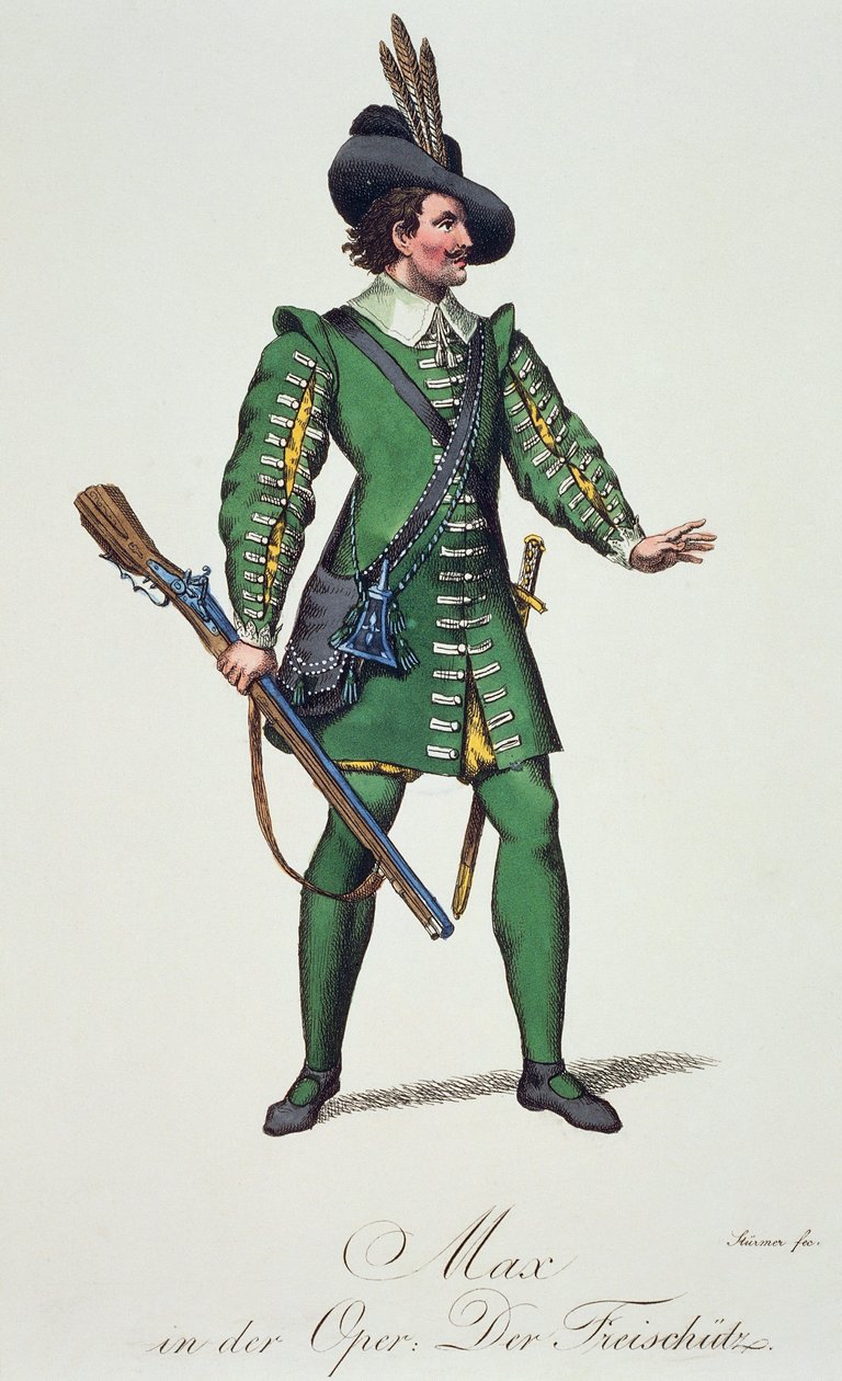 Max, Carl Maria von Weber (1786-1826) tarafından yazılan Der Freischutz (Nişancı veya serbest nişancı) için kostüm taslağı by Carl Maria von Weber