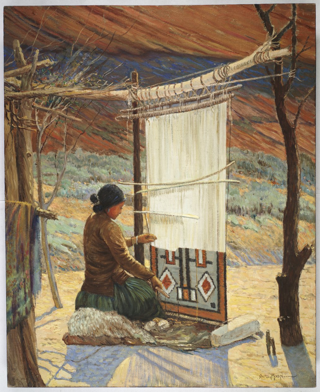 Navajo Weaver, Canyon de Chelly, Navajo Reserve (panel üzerine monte edilmiş tuval üzerine yağlı boya) by Carl Moon