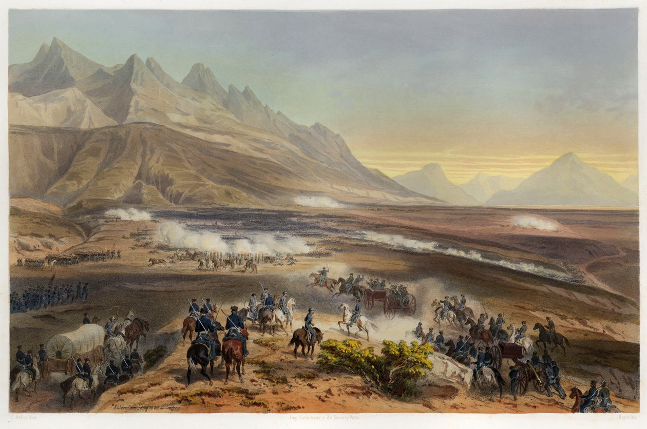 Amerika Birleşik Devletleri ve Meksika Arasındaki Savaştan Buena Vista Savaşı, pub. 1851 (renkli litografi) by Carl Nebel