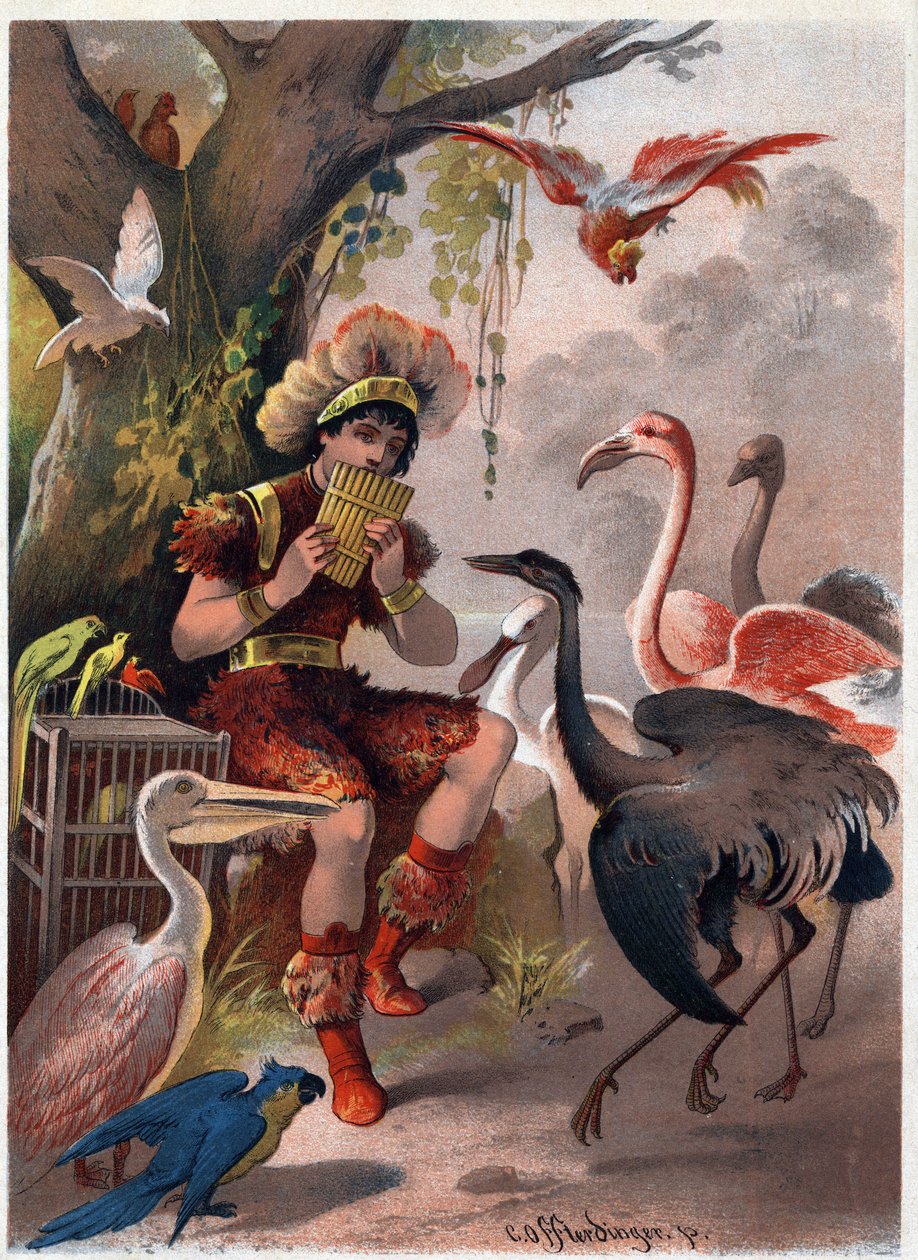 Papageno pan flütlü kuşları ormandan getiriyor. Carl Offterdinger