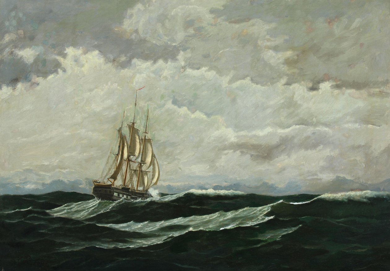 Açık denizlerde savaş gemisi ile deniz manzarası by Carl Rasmussen