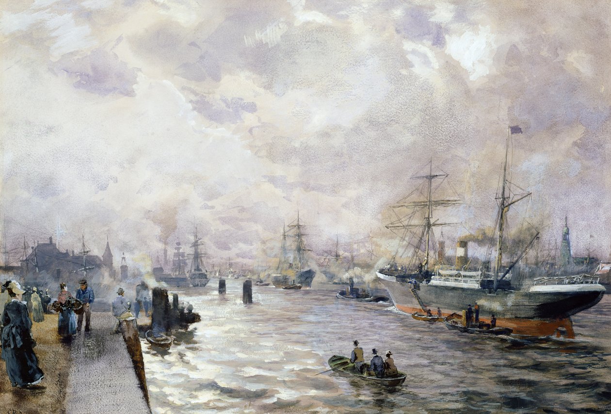 Hamburg Limanında Yelkenli Gemiler, 1889 (kağıt üzerinde wc ve guaj) by Carl Rodeck
