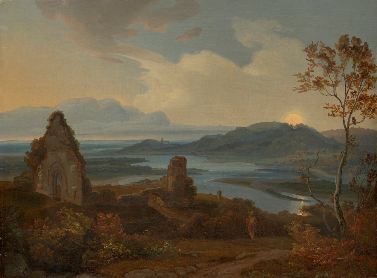 Kilise kalıntıları ile nehir manzarası by Carl Rottmann
