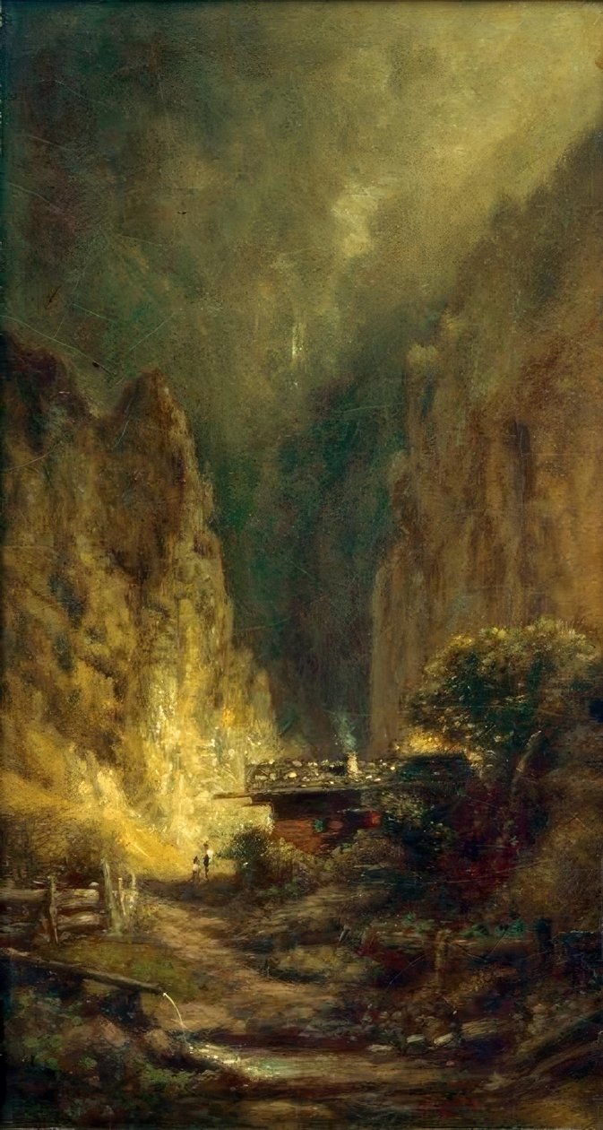 İki figürlü kayalık bir geçidin önünde değirmen by Carl Spitzweg