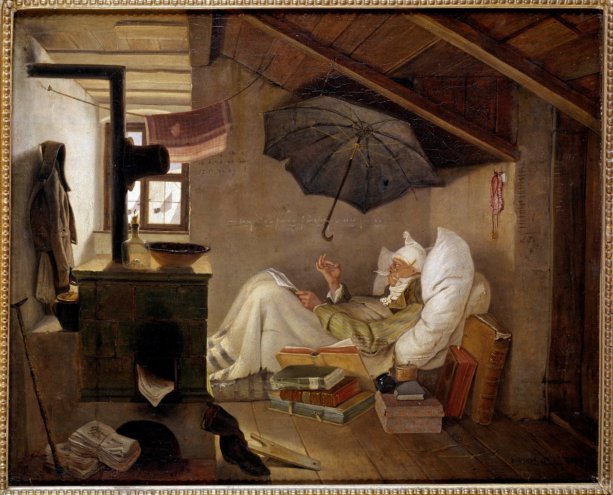 Zavallı şair Yaşlı bir adam tavan arasında yatıyor. Carl Spitzweg