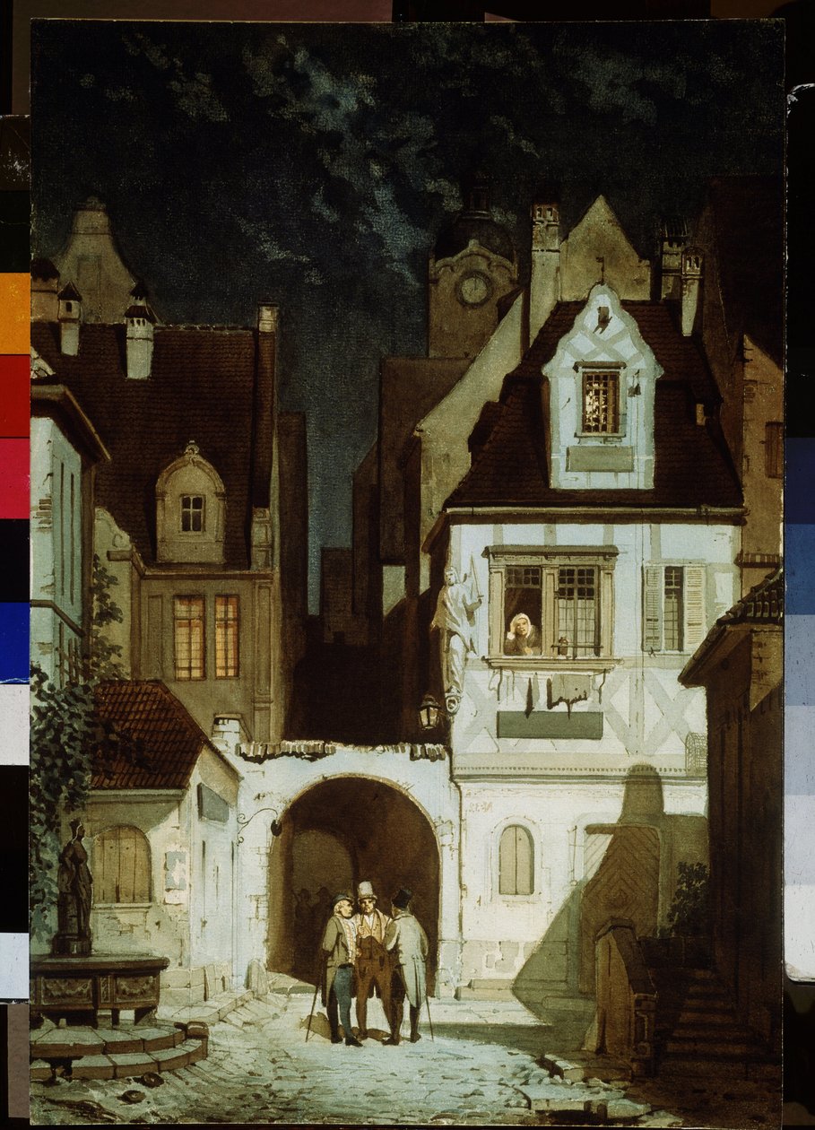 Ay ışığında bir Alman kasabasının bir köşesi. Carl Spitzweg