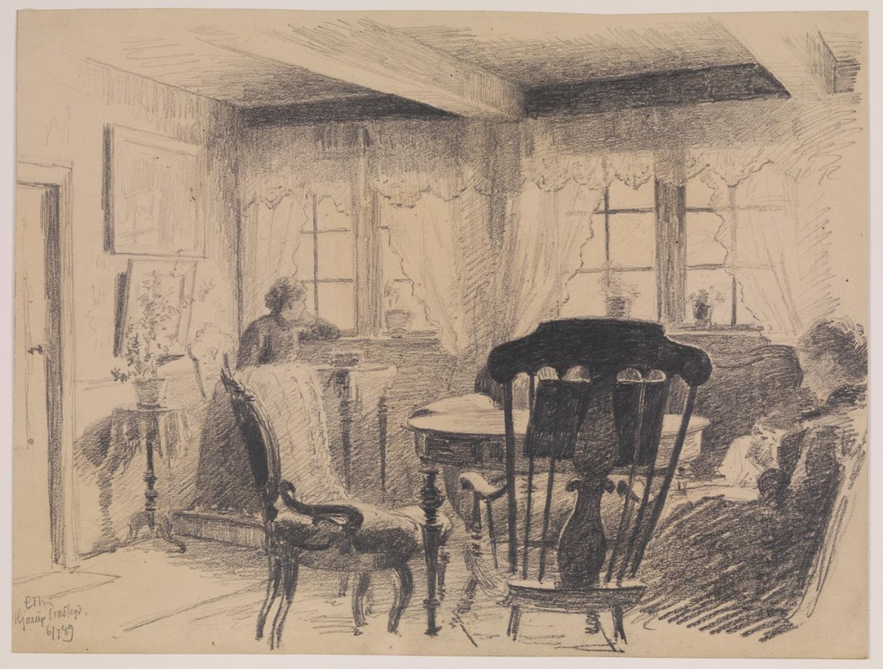 Hjarup papaz evi. İki dikiş bayan ile oturma odası by Carl Thomsen