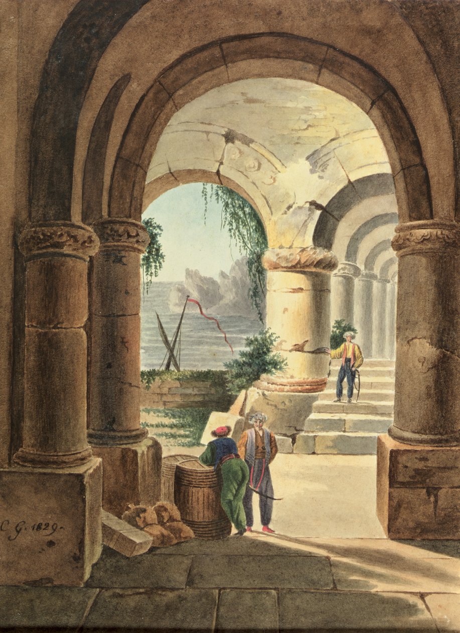 Bir Manastırdan Deniz Manzarası, 1829 (karton üzerine wc) by Carl Wilhelm Goetzloff