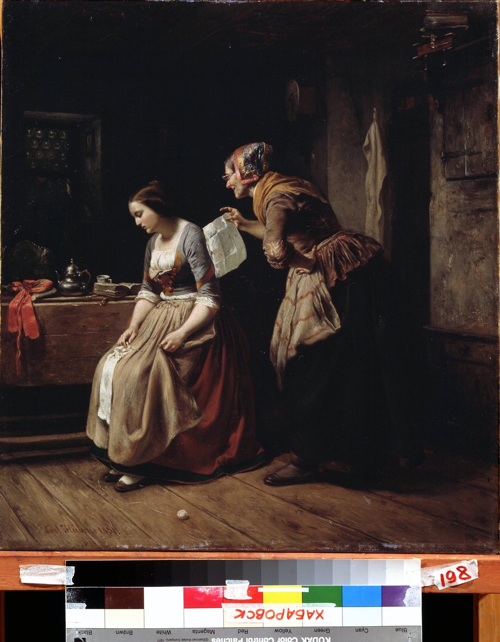 ""Mektup" (Bir mektup) Bir hizmetçi umutsuzluk içindeki genç bir kıza bir mektup getirir. Tablo Carl Wilhelm Hubner (1814-1879) 19. Yüzyıl Uzak Doğu Sanat Müzesi, Habarovsk, Rusya by Carl Wilhelm Hübner