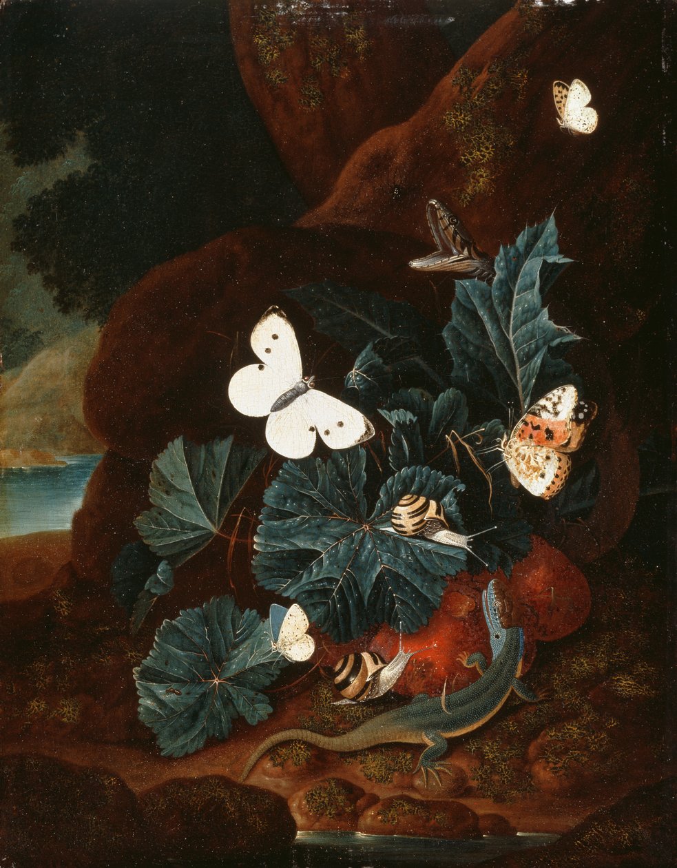 Kertenkele, Kelebekler, Salyangoz ve Yılanlı Orman Tabanı Natürmort (panelde yağlı boya) by Carl Wilhelm de Hamilton