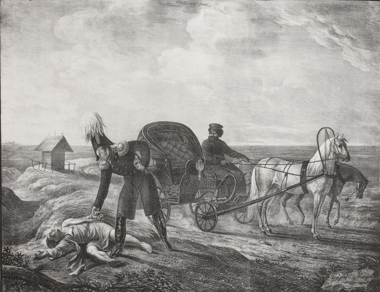 İmparator Alexander I muhtaç bir kişiye yardım ediyor, 1820. by Carl von Hampeln