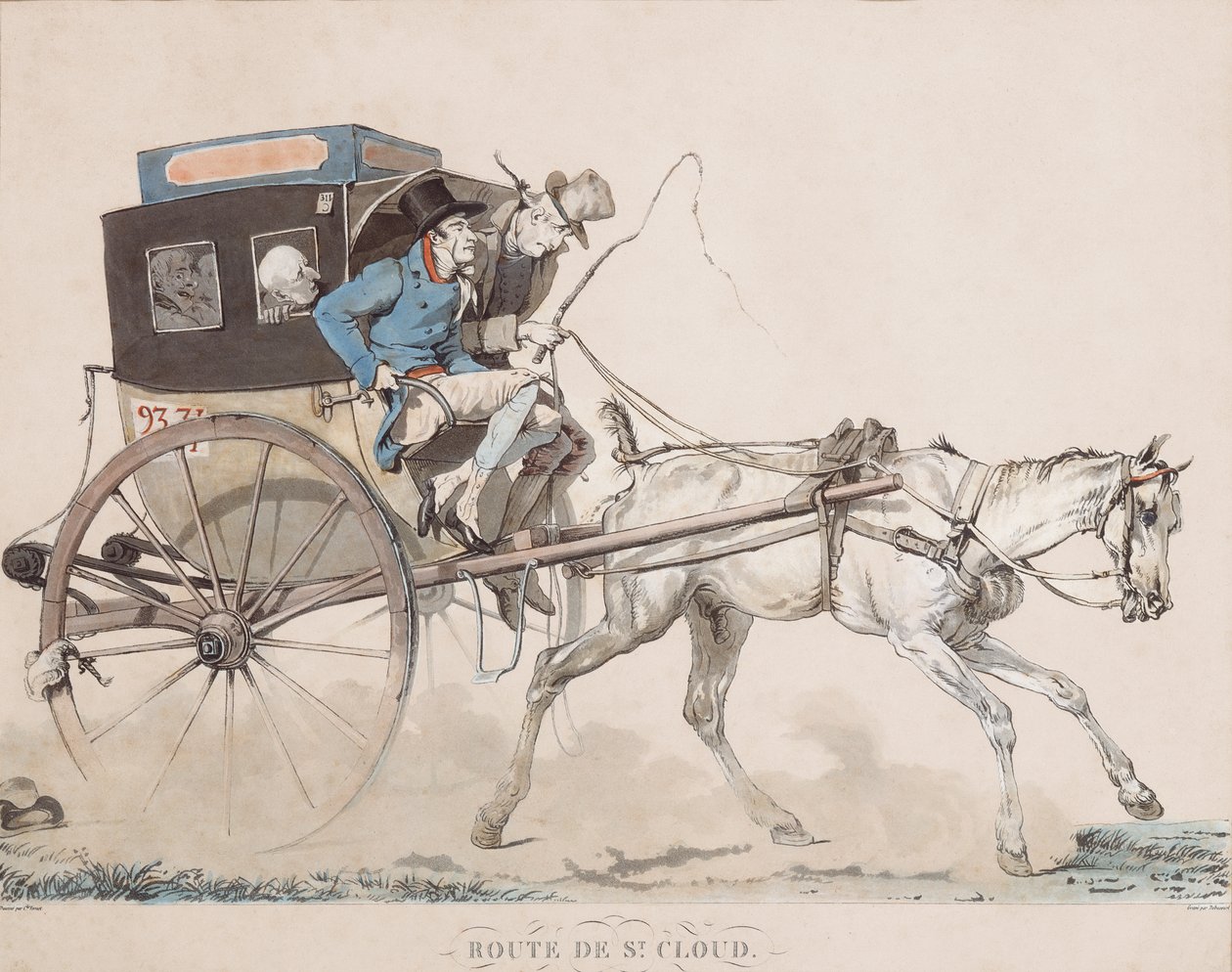 Saint-Cloud yolunda bir Cabriolet Coucou (gravür) by Carle (after) Vernet