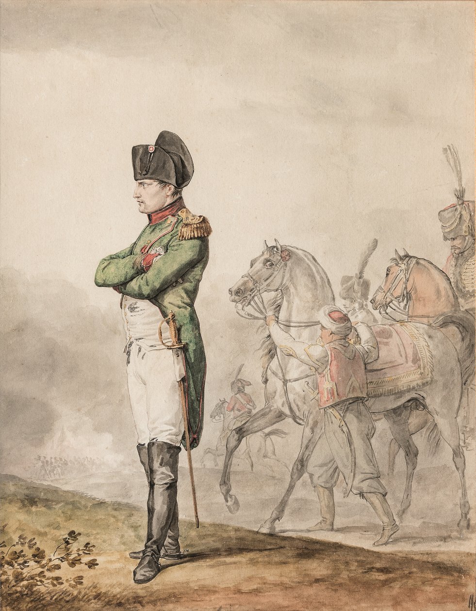 İmparator Napolyon Bonapart I (1769-1821) Austerlitz'de (beyazla zenginleştirilmiş kalem ve sulu boya) by Carle (attr. to) Vernet