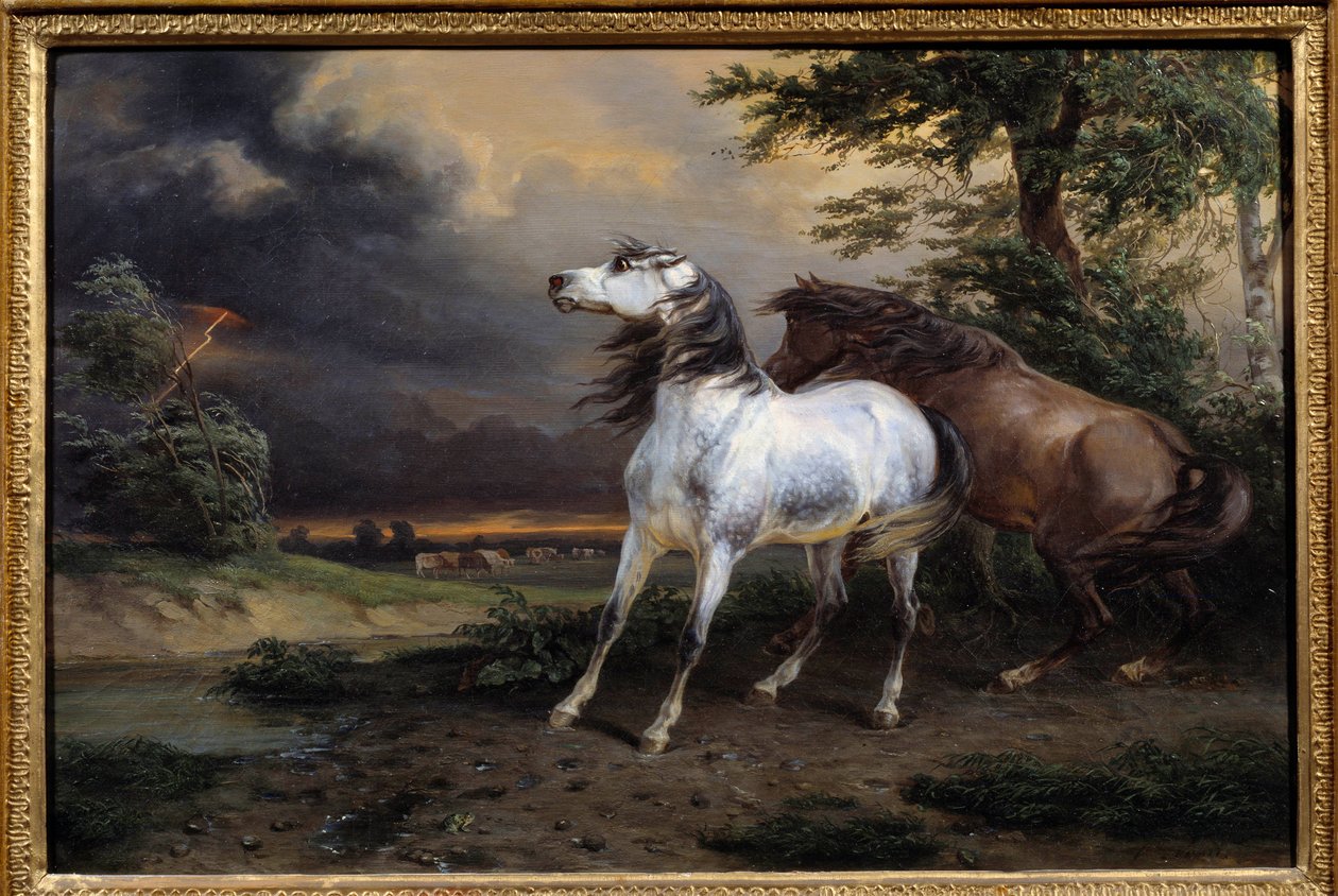 Fırtınadan korkan atlar. Carle Vernet (1758-1835) tarafından yapılan boyama by Carle Vernet