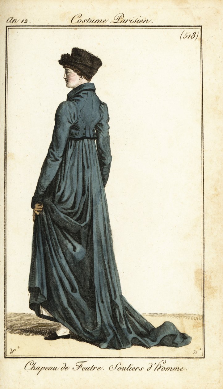 Keçe şapkalı kadın, uzun binicilik, erkek terlikleri, Paris by Carle Vernet