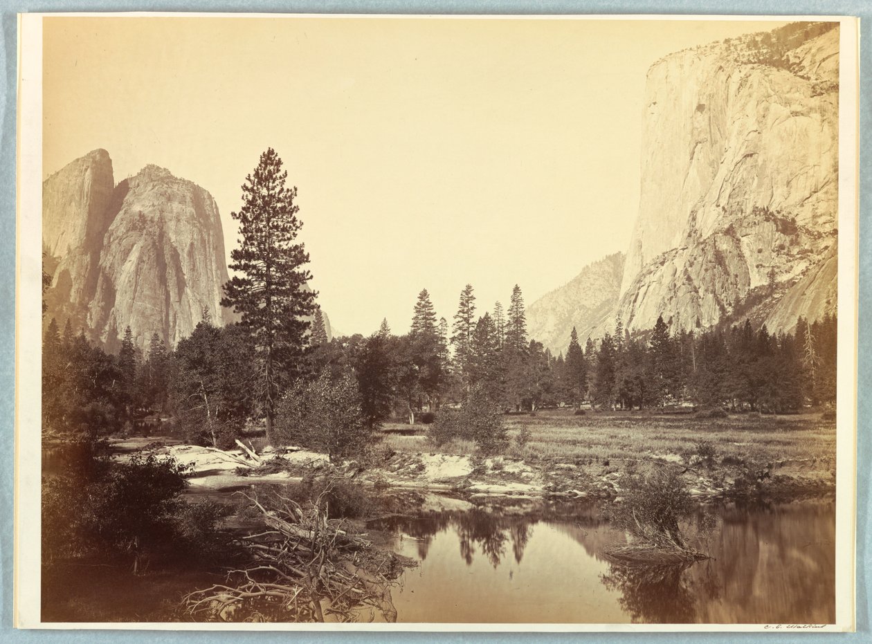 Vadiden aşağı, El Capitan ve Katedral Kayaları by Carleton E. Watkins