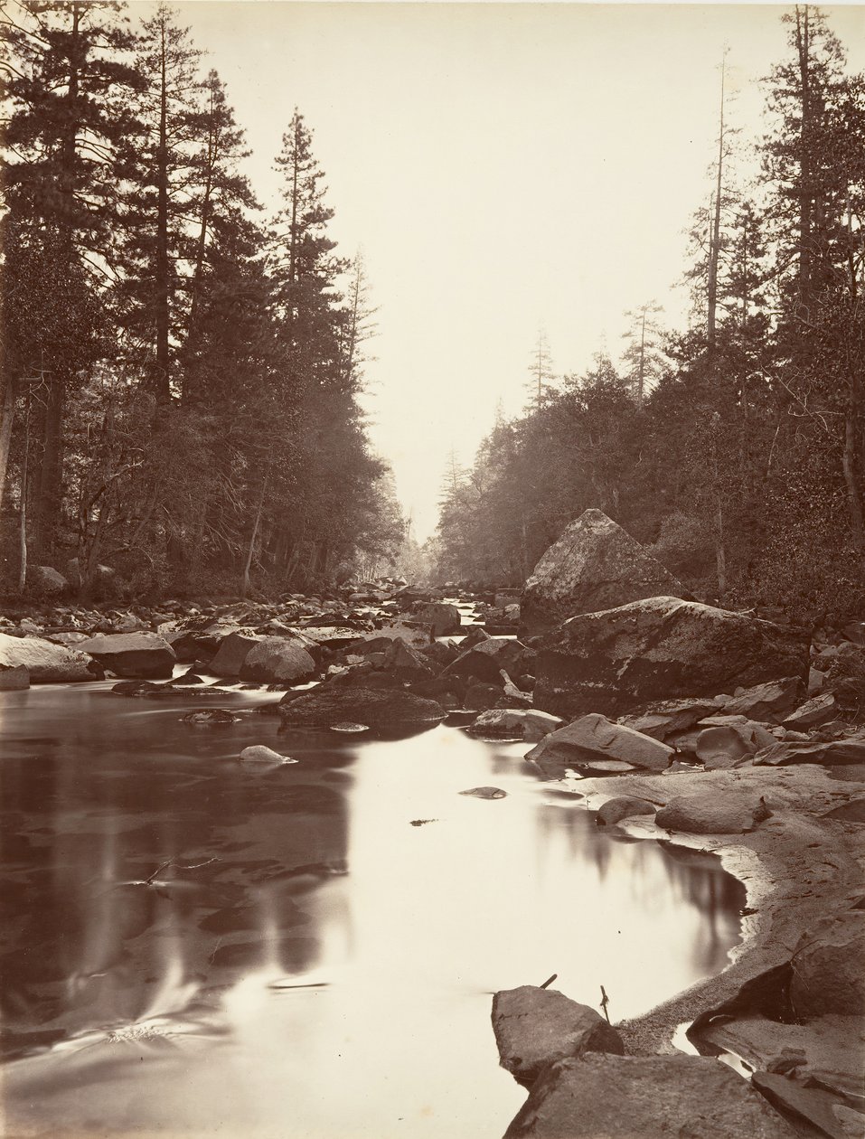 Merced Nehri, Yosemite, yak. 1872, basılmış yaklaşık. 1876. by Carleton E. Watkins.