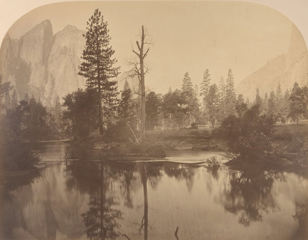 River View Down Valley, Katedral Kayası Solda, 1861. by Carleton Emmons Watkins