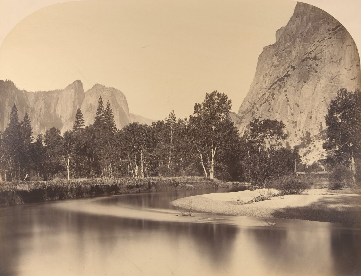 Nehir Manzarası, Vadiden Aşağı, Solda Katedral Kayası, 1861, Yosemite. by Carleton Emmons Watkins