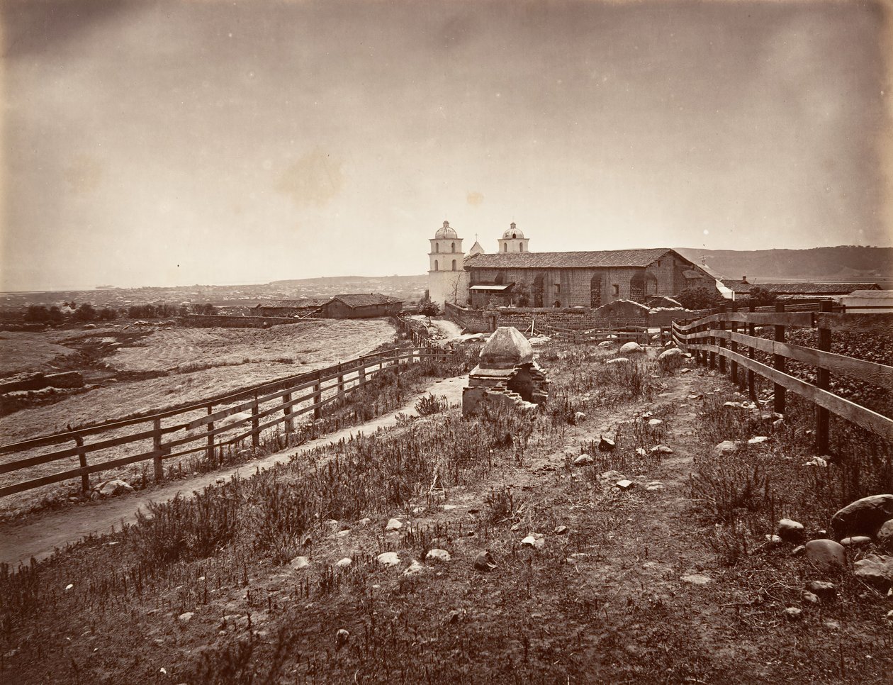 Santa Barbara ve Misyon Kilisesi, 1876, basılmış yaklaşık. 1876. by Carleton Emmons Watkins