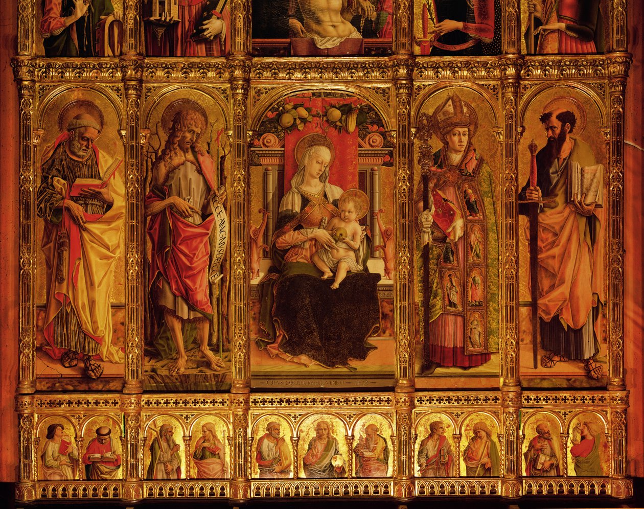Aziz Emidio sunağı, poliptik, Meryem Ana ve Azizler Aziz Paul, Vaftizci Yahya, Aziz Etienne ve Aziz Paul, soldan sağa, ahşap üzerine 1473 ılıman by Carlo Crivelli