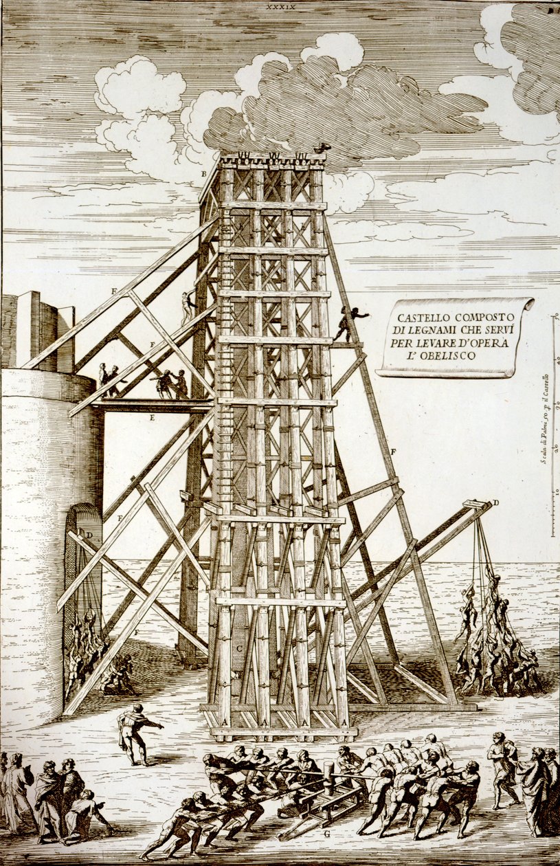 Alessandro Specchi tarafından oyulmuş, Roma, Aziz Petrus Meydanı'nda Eski Mısır Dikilitaş'ı dikmek by Carlo Fontana