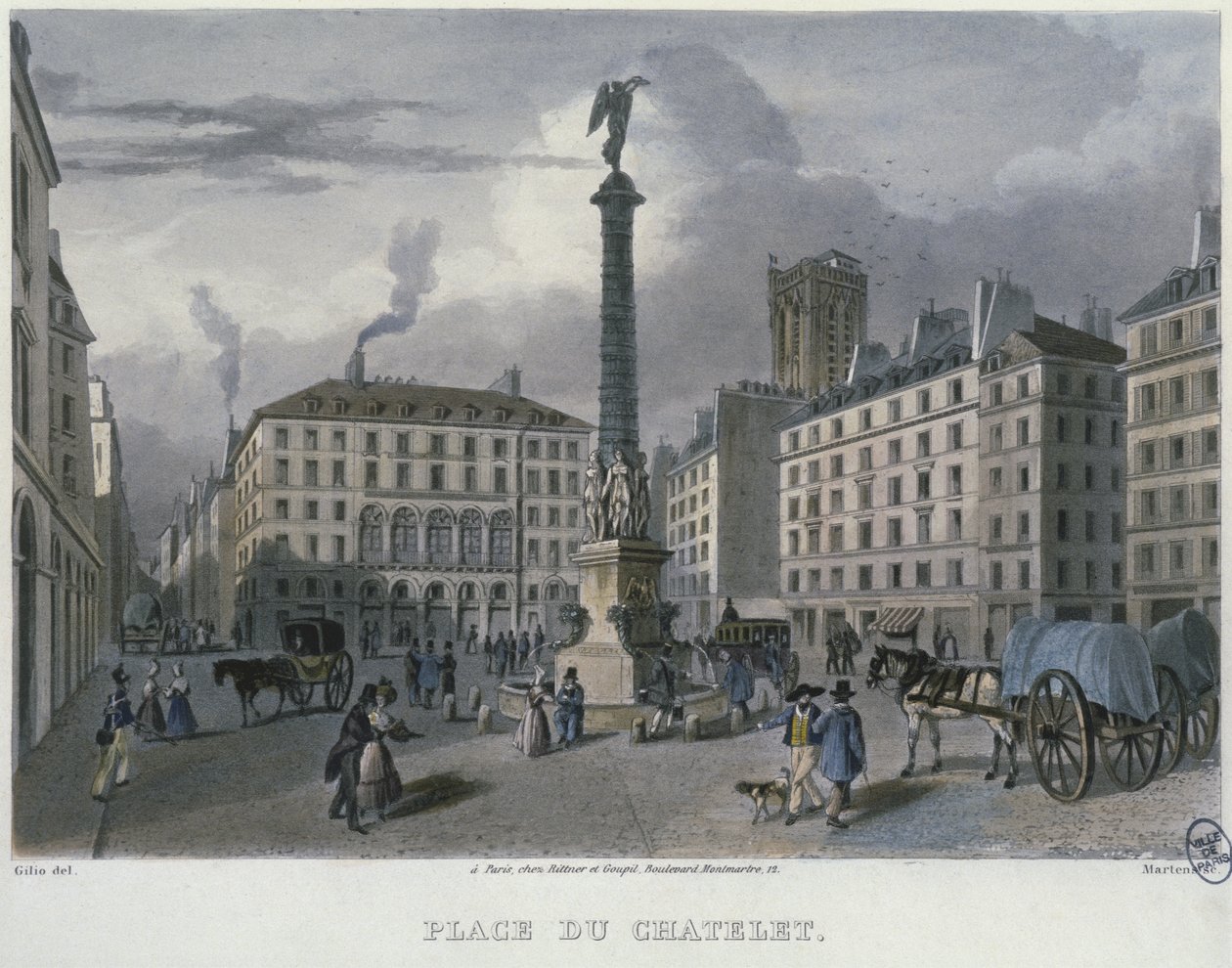 The Place du Chatelet, Paris, Frederic Martens (1809-75) 1832 (renkli gravür) tarafından oyulmuş by Carlo Gilio