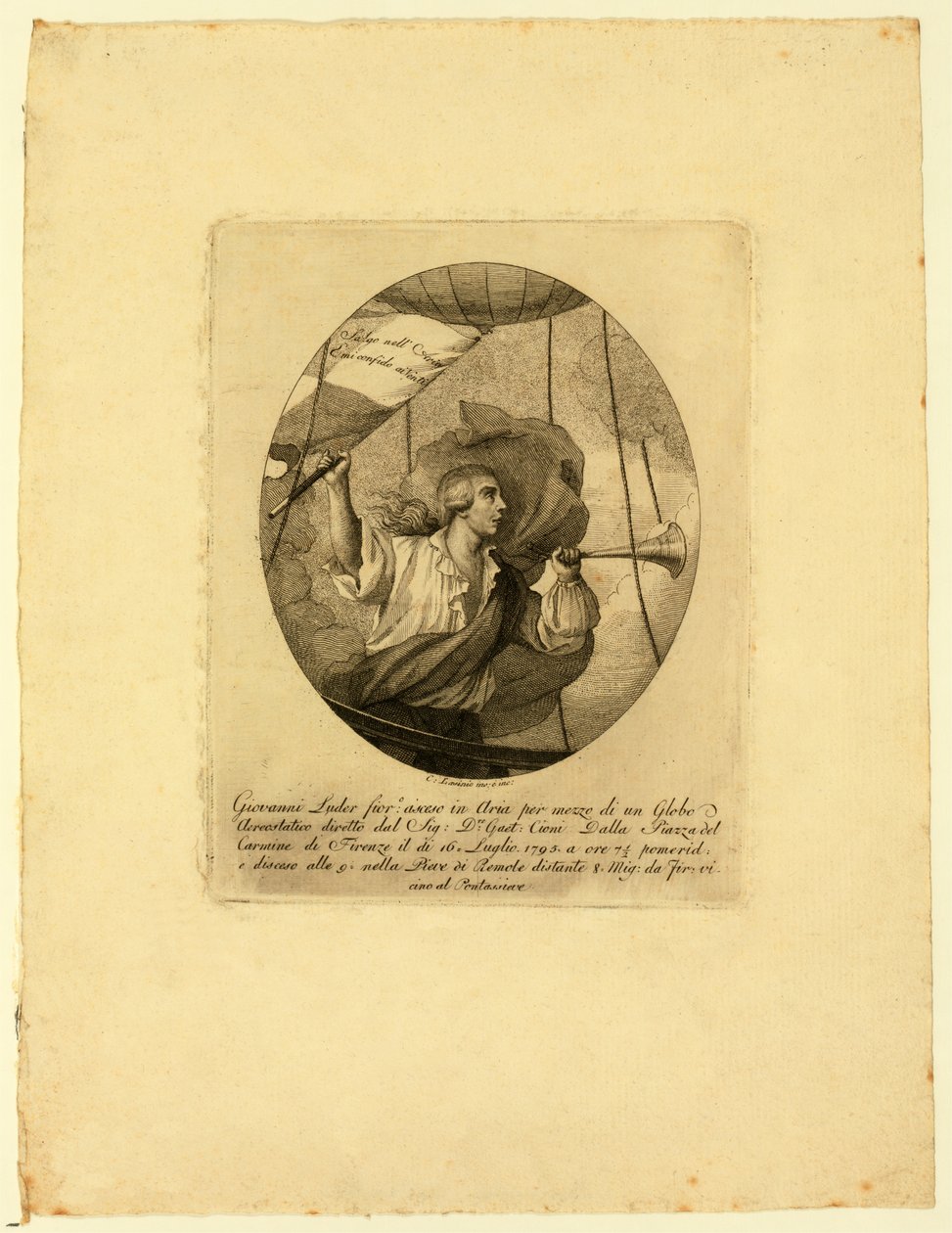 Giovanni Battista Luder, standing in a balloon basket during an ascent over Florence, 1795-1850  by Carlo Lasinio