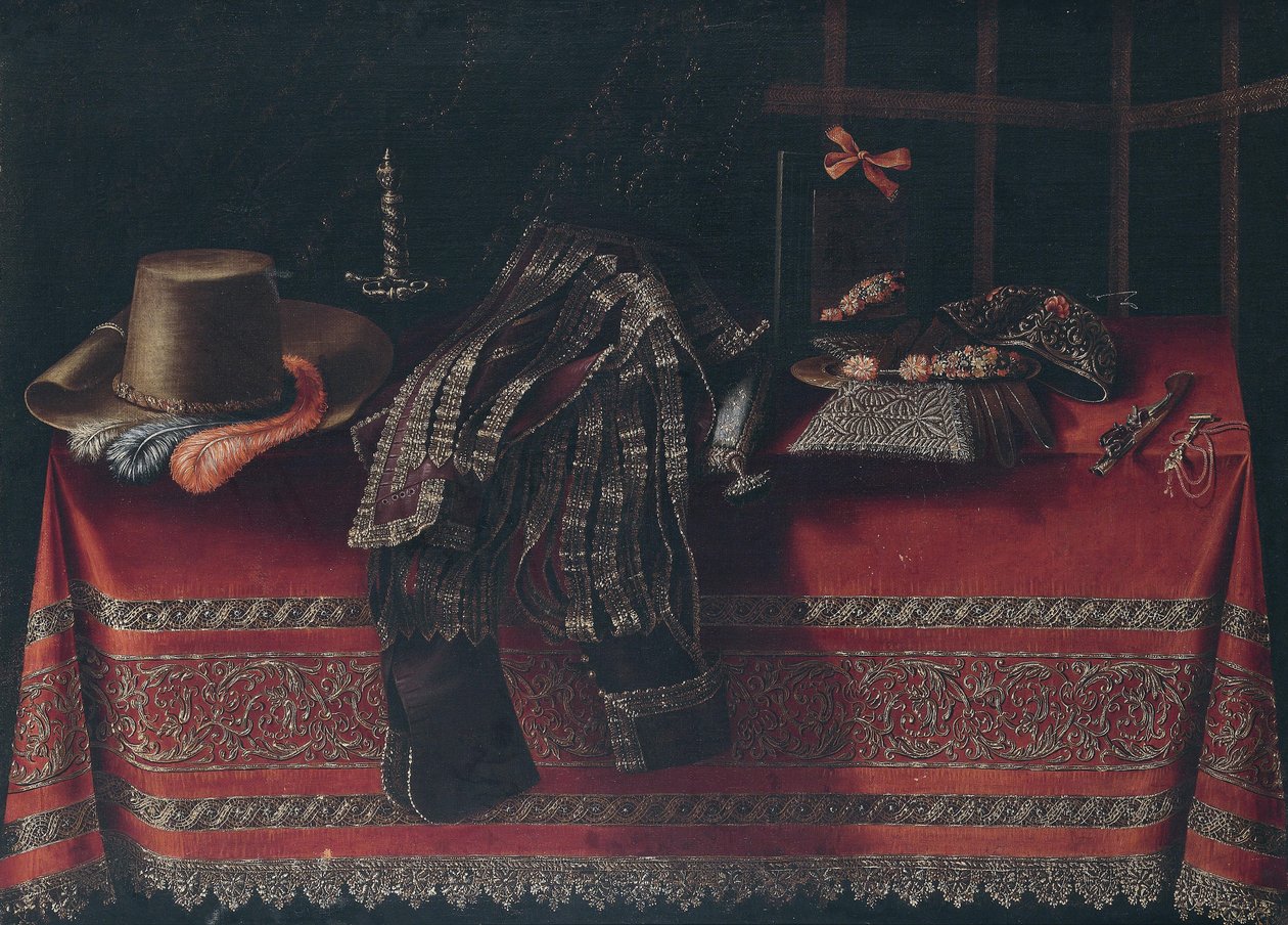 Kırmızı, işlemeli masa örtüsü üzerinde giysi, silah ve ayna ile natürmort by Carlo Manieri