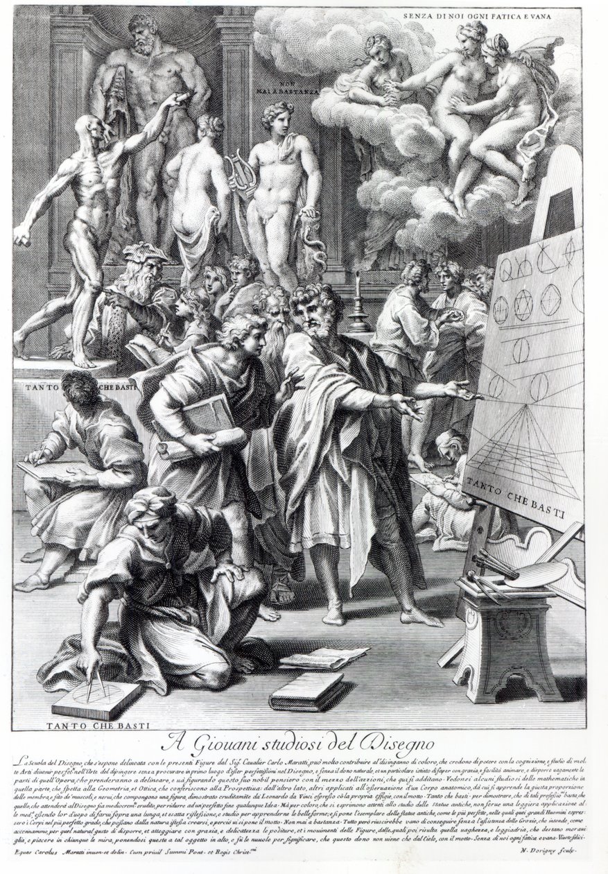 Nicolas Dorigny tarafından kazınmış bir tasarım stüdyosunun alegorisi by Carlo Maratta or Maratti