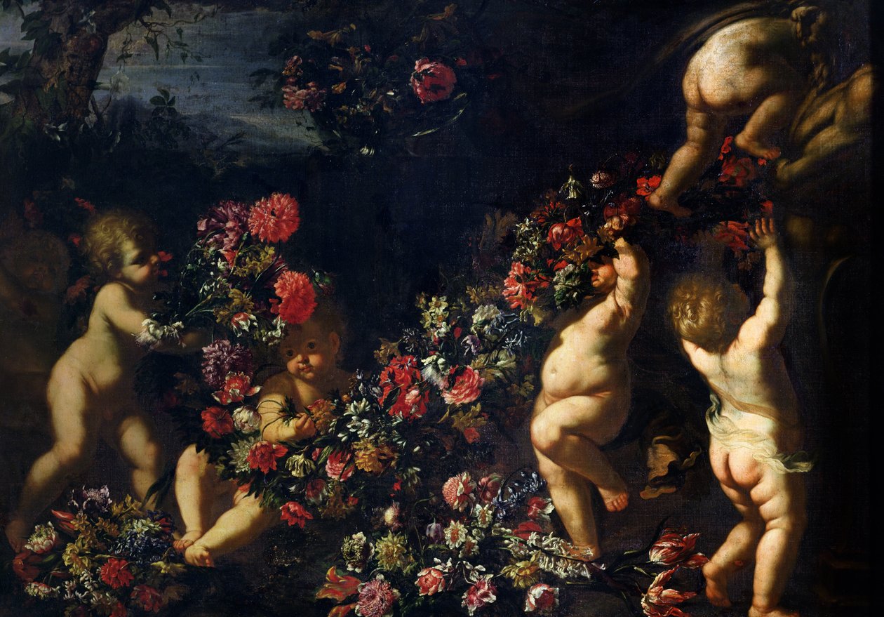 Çiçeklerden Çelenklerle Oynayan Putti by Carlo Maratta or Maratti