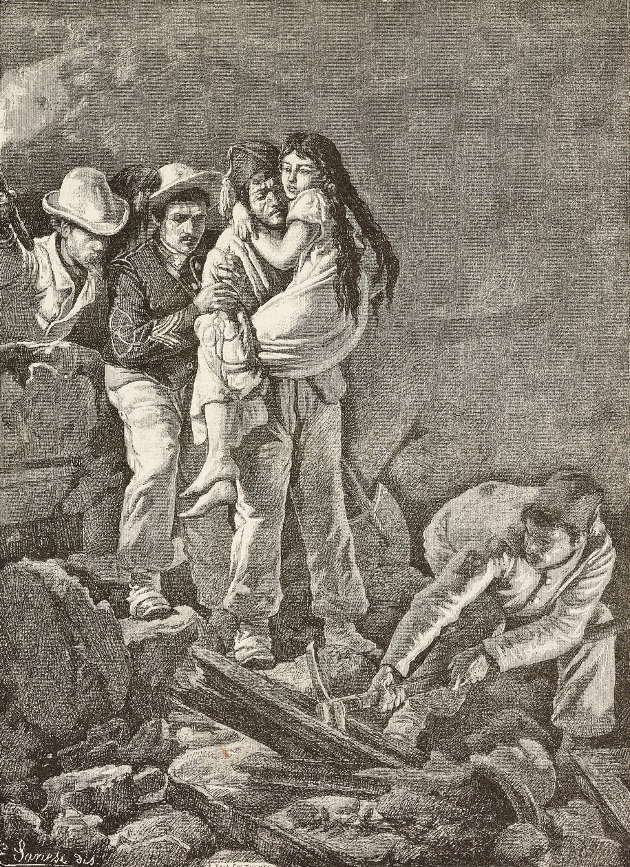 Evi çöktükten sonra kurtarılan bir kız çocuğu, Casamicciola depremi, İtalya, E Sanesi'nin bir çiziminden ve Carlo Ademollo'nun (1824-1911) bir tablosundan gravür, L'Illustrazione Italiana'dan, yıl 12, sayı 18, 3 Mayıs by Carlo Ademollo