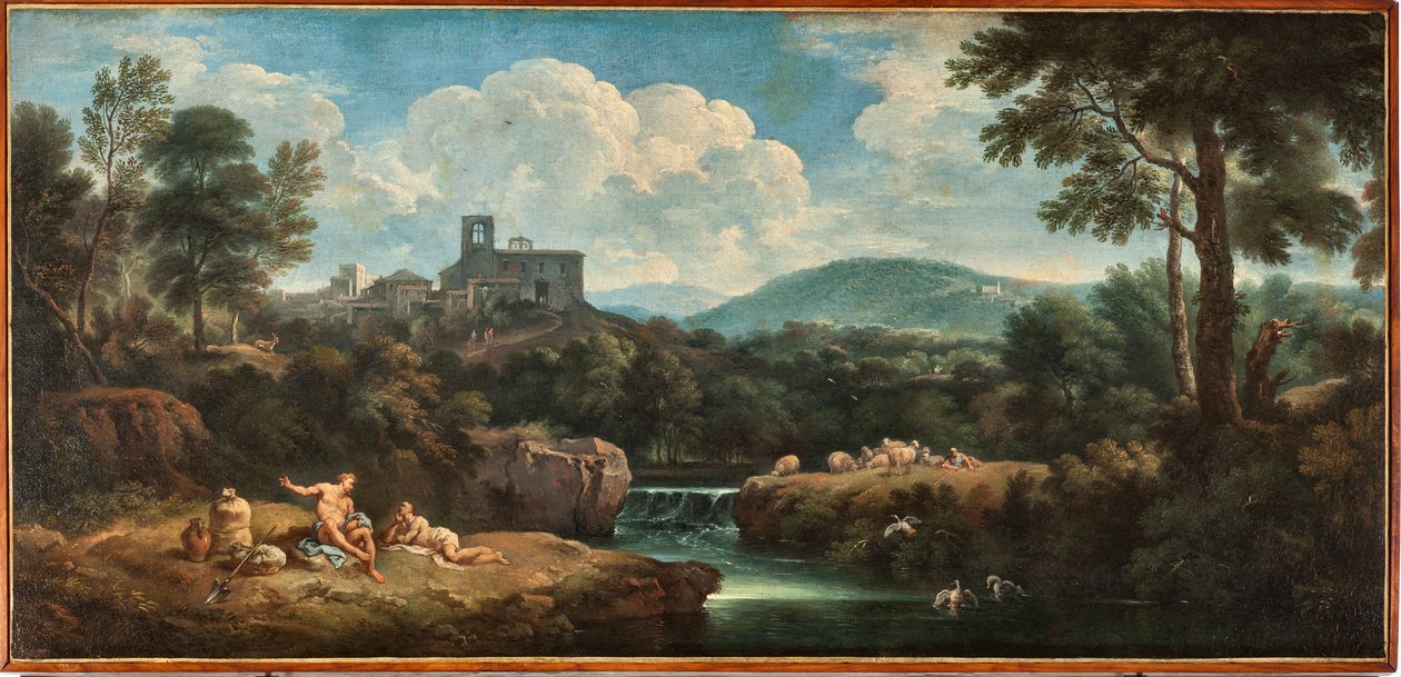 Nehir manzarası, eski moda giyinmiş işçiler ve bir köy Carlo Antonio Tavella dit Il Solfarola (1668-1738) Musei di Strada Nuova (eski Palazzo Bianco) Genes, İtalya by Carlo Antonio Tavella