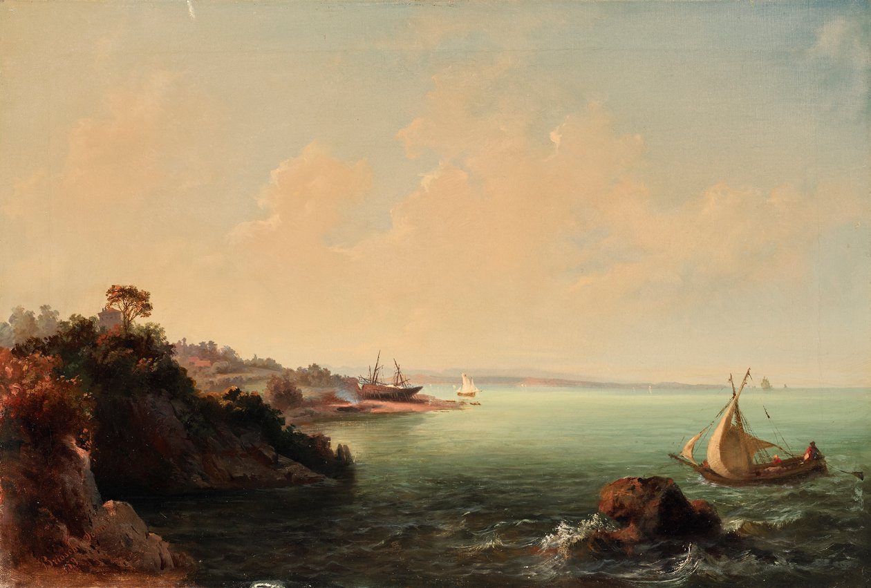 Kayalık sahil ve yelkenli tekneler by Carlo Brioschi