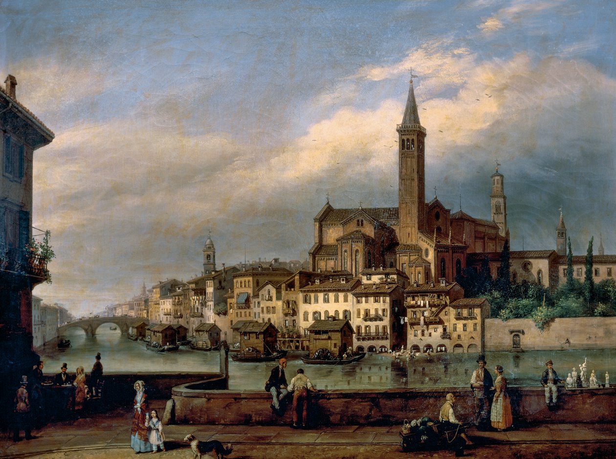 Arka planda St Anastasia Kilisesi ile Verona'daki Adige nehri boyunca görüntüleyin by Carlo Canella