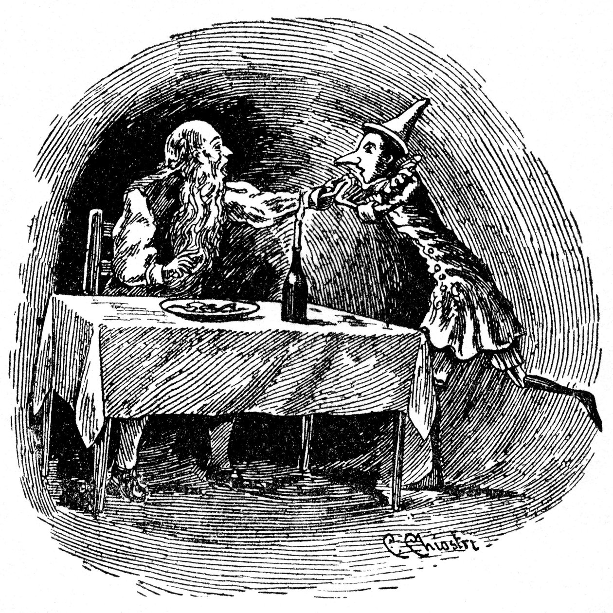Collodi'nin çalışmalarının ilk İtalyan illüstratörlerinden biri olan Carlo Chiostri'nin (1863-1939) Pinokyo çizimi. Tahta kukla, babası Gepetto'yu onları yutan köpekbalığının karnında bulur. by Carlo Chiostri