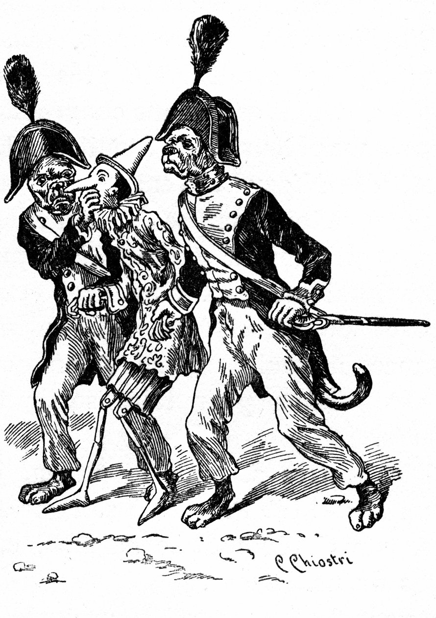 Collodi'nin çalışmalarının ilk İtalyan illüstratörlerinden biri olan Carlo Chiostri'nin (1863-1939) Pinokyo çizimi. Jandarma kılığına girmiş iki köpek tahta kuklayı alıyor. by Carlo Chiostri