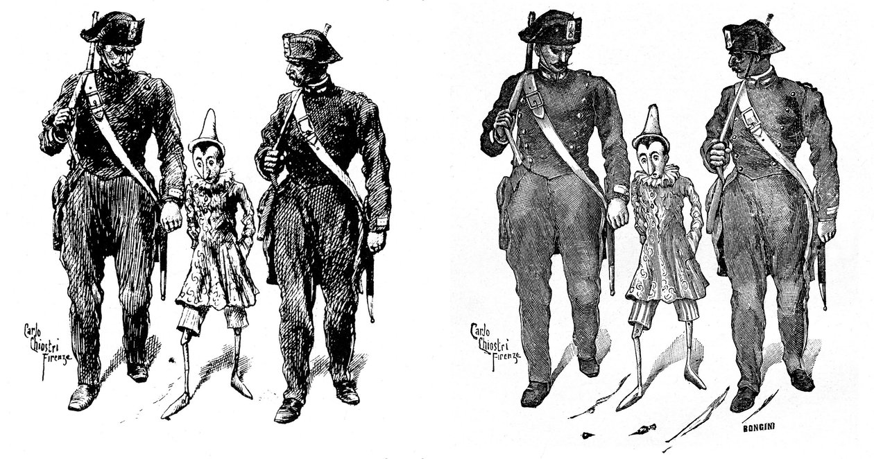 Pinokyo, Collodi'nin (Carlo Lorenzini) çalışmalarının ilk İtalyan illüstratörlerinden biri olan Carlo Chiostri'nin (1863-1939) imzasını taşıyor. İki jandarma tahta kuklayı alır. Soldaki resim Chiostri'nin orijinal çizimi, sağdaki ise gravür car by Carlo Chiostri