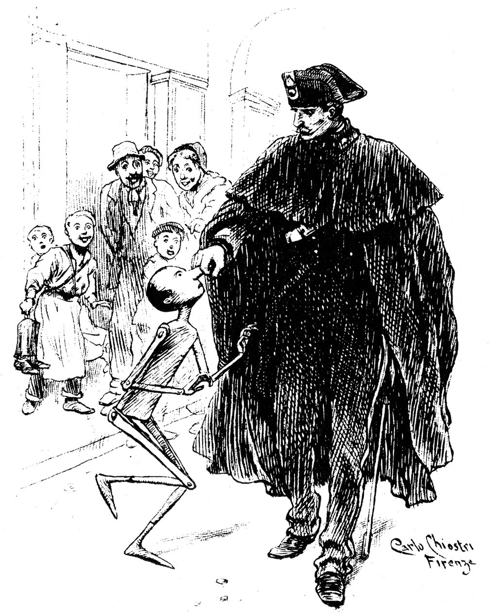Collodi'nin (Carlo Lorenzini) çalışmalarının ilk İtalyan çizerlerinden biri olan Carlo Chiostri'nin (1863-1939) Pinokyo. Bir polis tahta kuklayı burnundan tutar, sevgilinin büyük sevincini yaşar. Chiostri'nin bu orijinal çizimi c olacaktır. by Carlo Chiostri