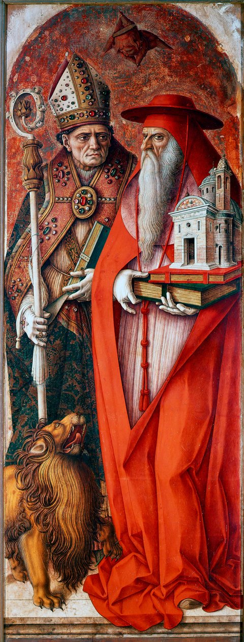 Camerino Katedrali'nin (Duomo di Camerino) poliptiği: Aziz Jerome ve Aziz Augustine. Carlo Crivelli'nin (1430/35-1494/1500) tablosu. Ahşap üzerine tempera by Carlo Crivelli