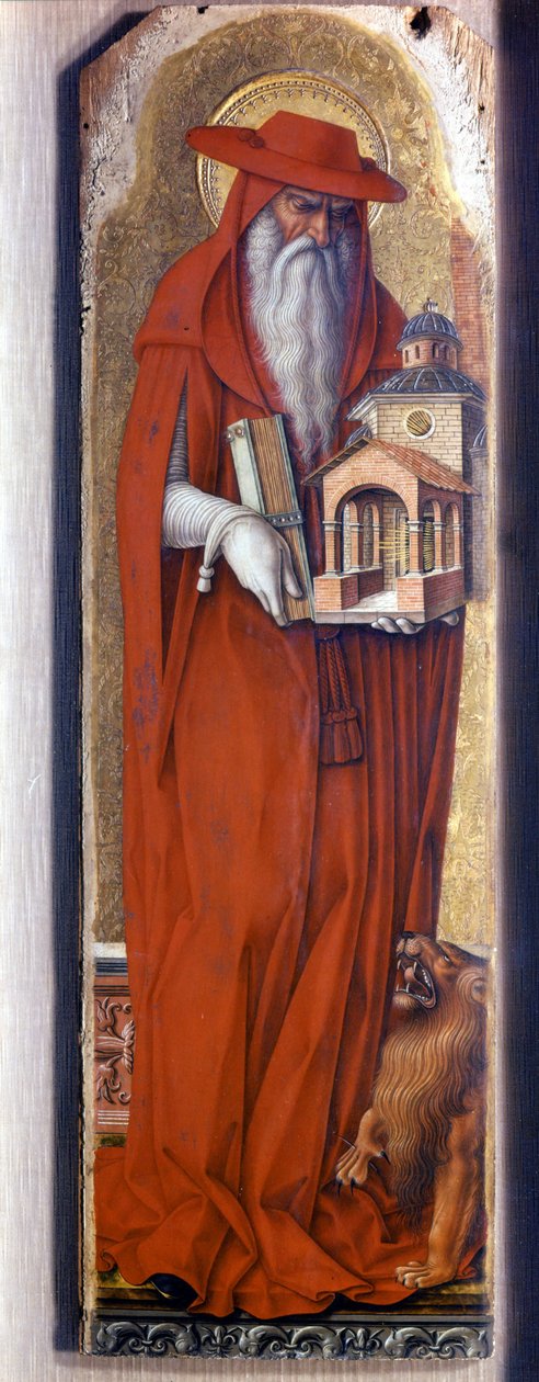 Aziz Jerome, piskopos kostümü giyiyor (şapka). Predelle Demidoff, Carlo Crivelli (1430/35 - 1494). 1476. by Carlo Crivelli