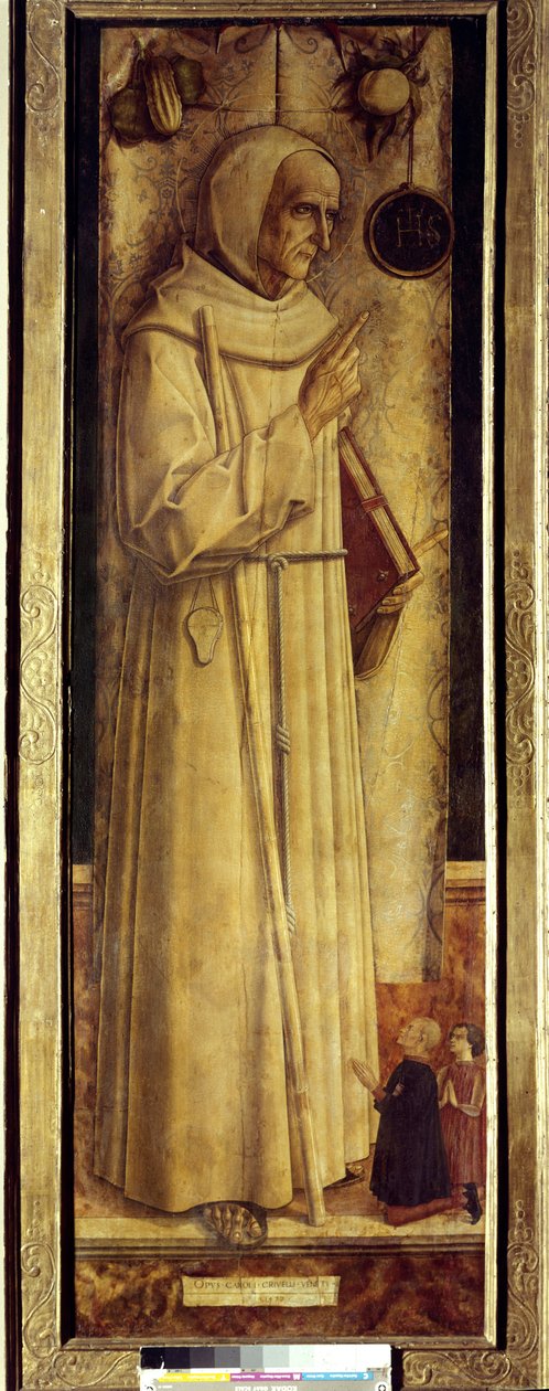 Santiago de la Marche (1394-1476) ve iki donör diz çökmüş (bazen yanlışlıkla Sienalı St. Bernardino diyor). Carlo Crivelli