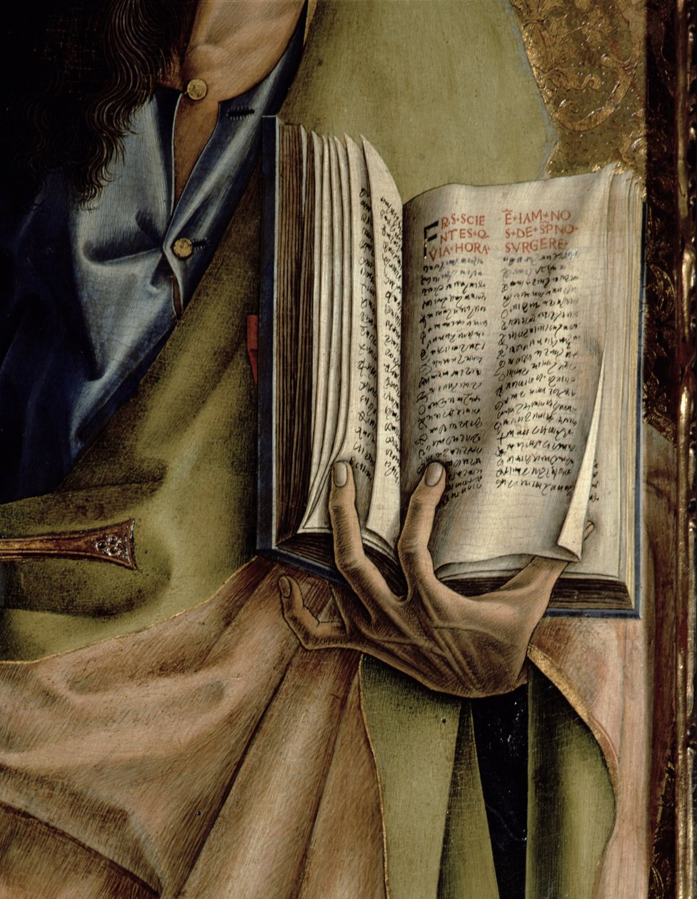 Aziz Paul, Mektuplar Kitabının detayı, SantEmidio poliptiğinden, 1473 tempera, 76647, 76646 ve 76636 panel detayında by Carlo Crivelli