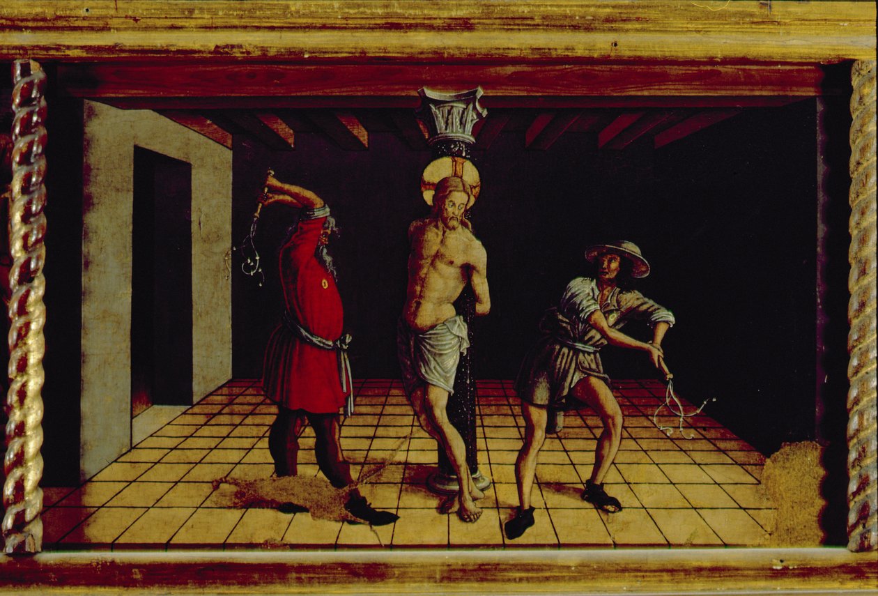 İsa'nın Kırbaçlanması, San Silvestro poliptiğinden merkezi sağ predella paneli, 1468 (panelde tempera) (bkz. 76657) by Carlo Crivelli