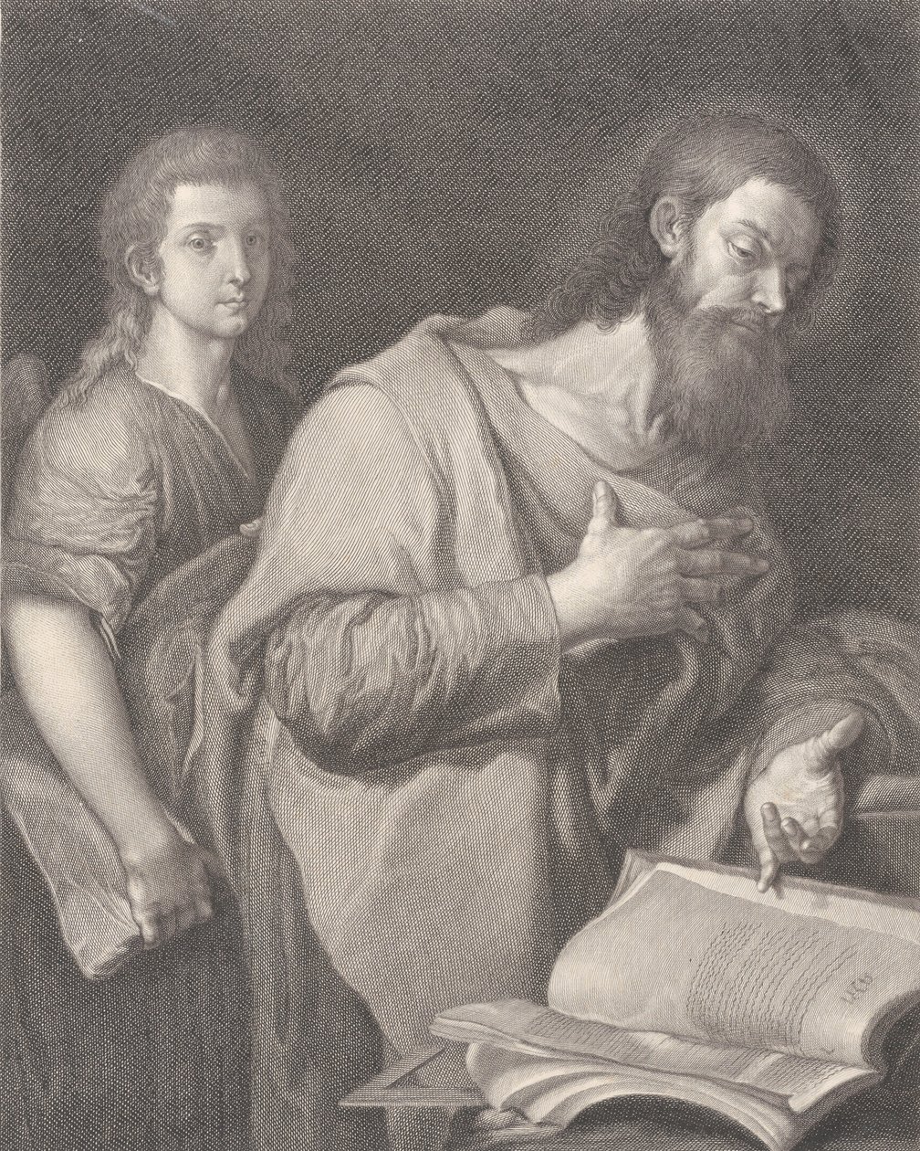 Aziz Matta sağda bir eli göğsünde bir kitabın önünde duran başka bir adam..., 1750-84 by Carlo Faucci